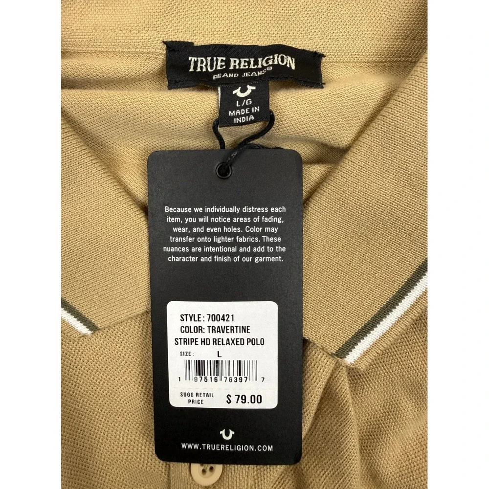 True Religion Mens Stripe HD Relaxed Polo Travertine Tan Logo Shirt 700421 New